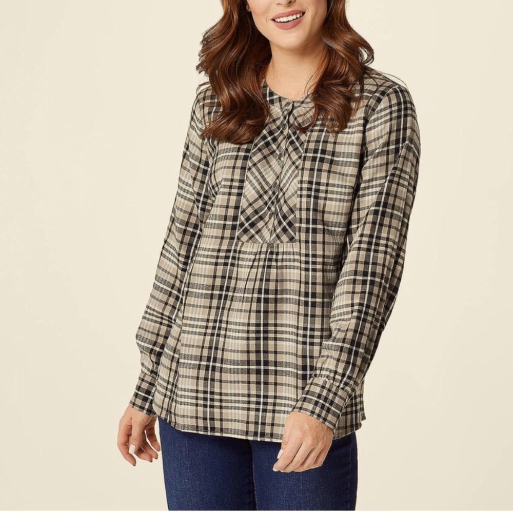 Denim&Co. putty plaid blouse